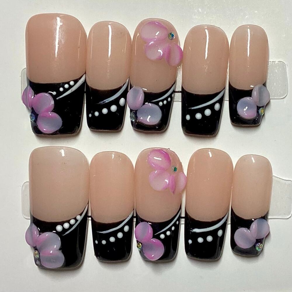 Beautiful Pink 3D Flower Black French Tip Handmade Square Press On Nails Large